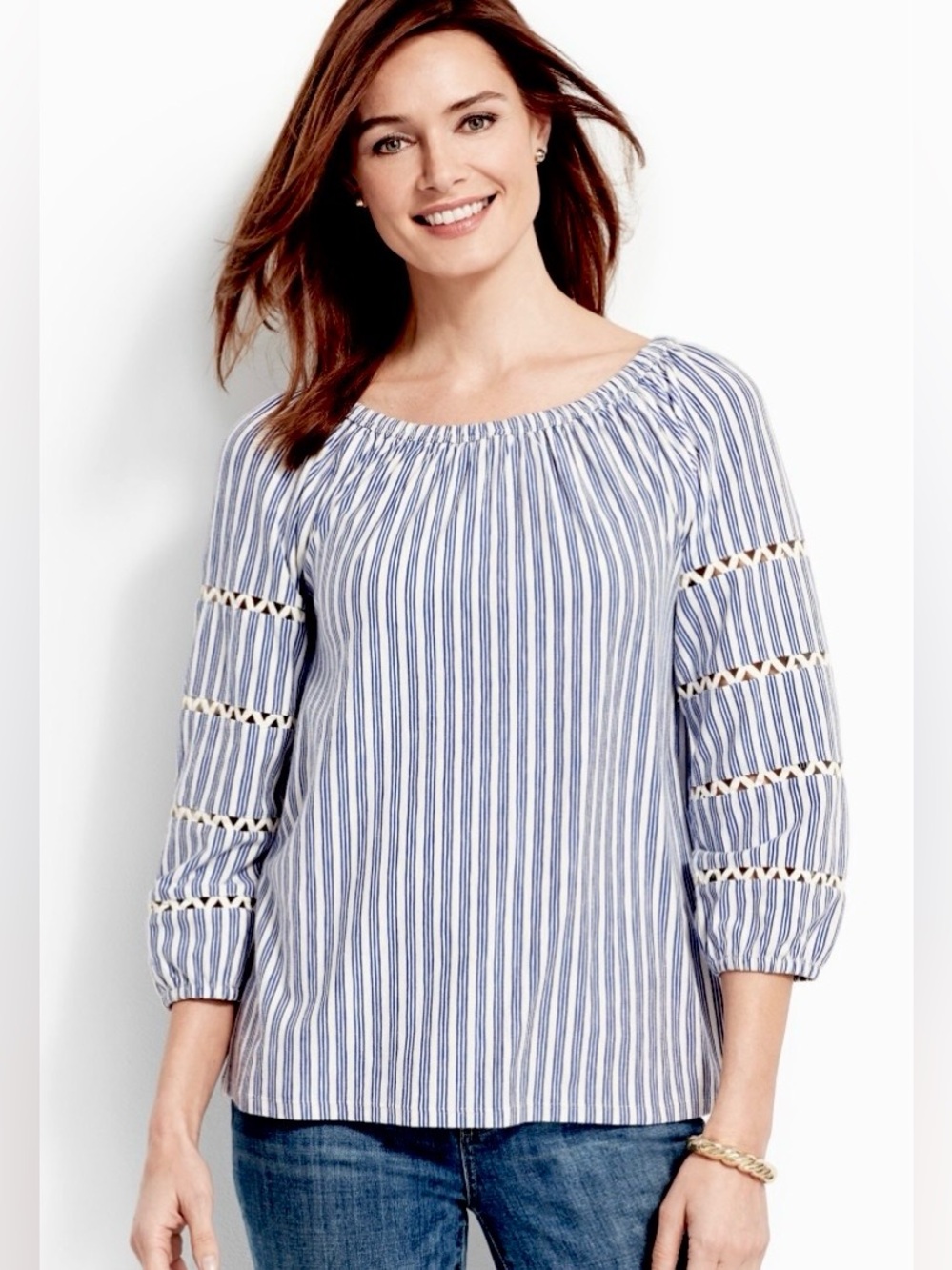 Talbots MP Black Stripe Scoop-Neck Knit Top With Ric Rac Trim 3/4 Sleeves
